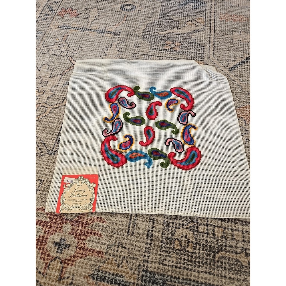 Vintage Dritz Luxury Needlepoint Canvas Preworked Folk Art Paisley 14x14 3219/1